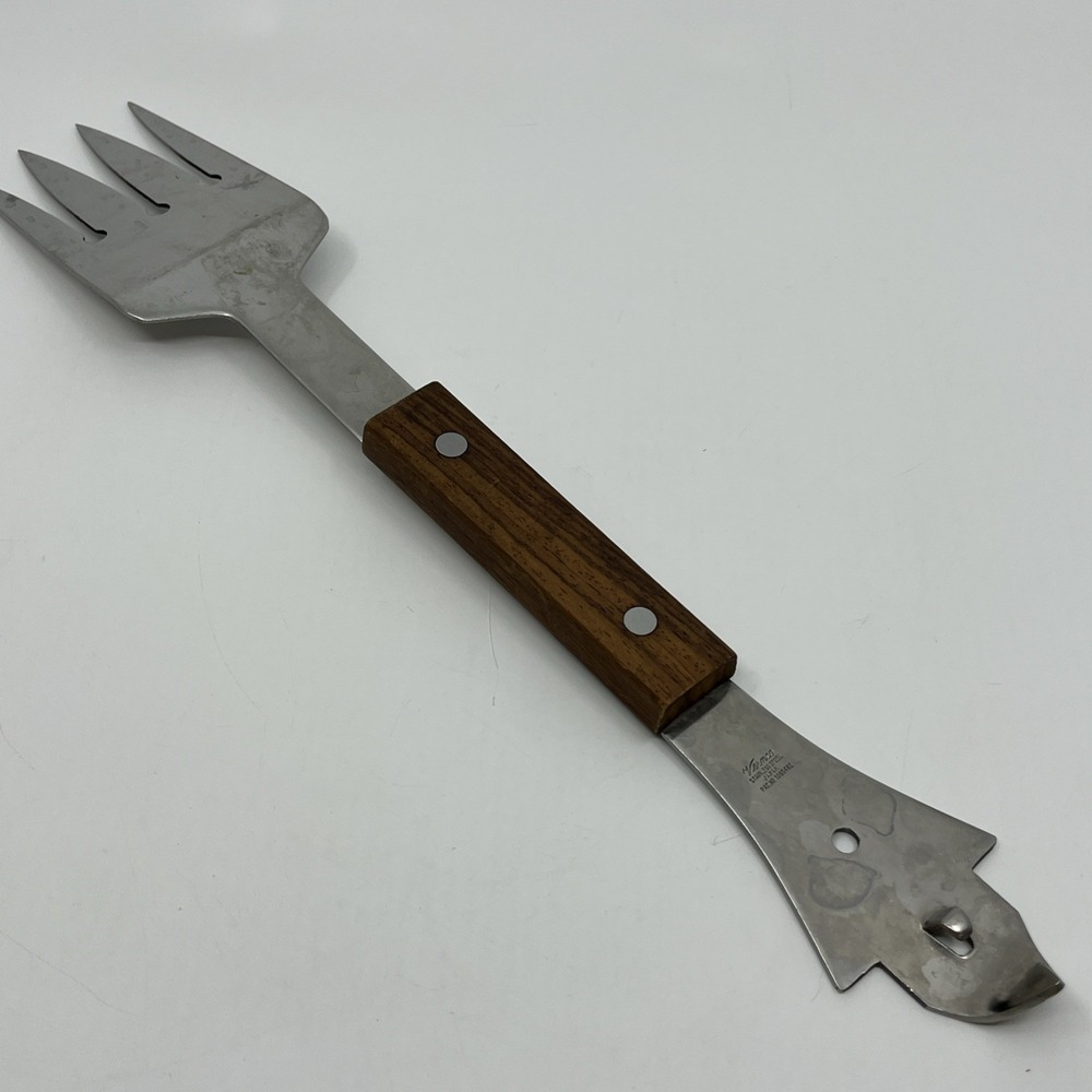 Vintage Vernco Stainless Steel Fork Can Opener Large Rivet Wood Handle